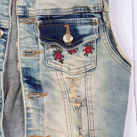 '90s Vintage Acid-Wash Rose Embroidered Destroyed Goth Denim Jeans Vest Size 6 - Picture 5 of 13